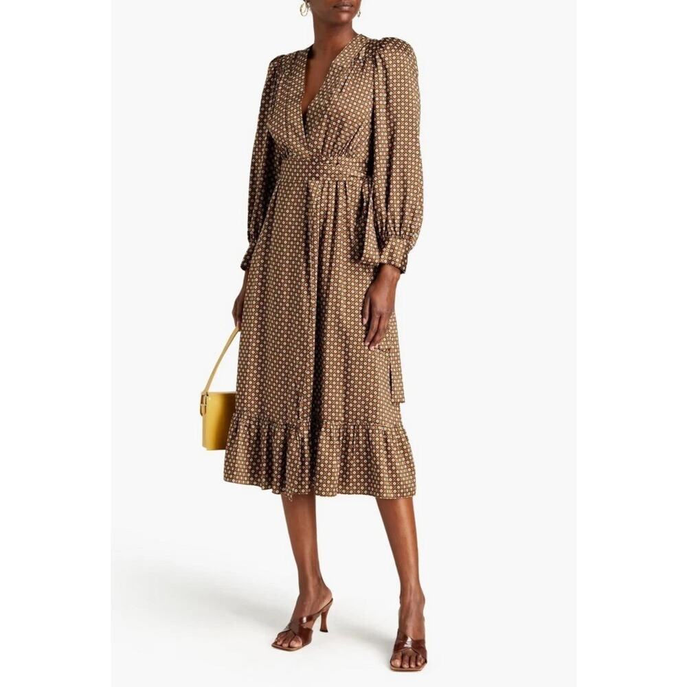 SANDRO JANINE PARIS Floral-Print Wrap-Front Midi Dress Marron US Sz 8 - Picture 4 of 14